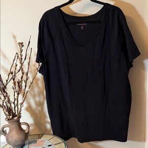 Woman Within Black V-Neck Tee with Pink Logo